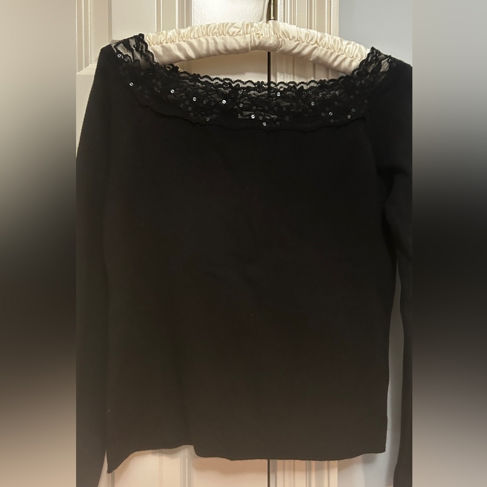 Vtg Chadwick’s Black Knit Sweater Top with  Lace Scoop Neckline